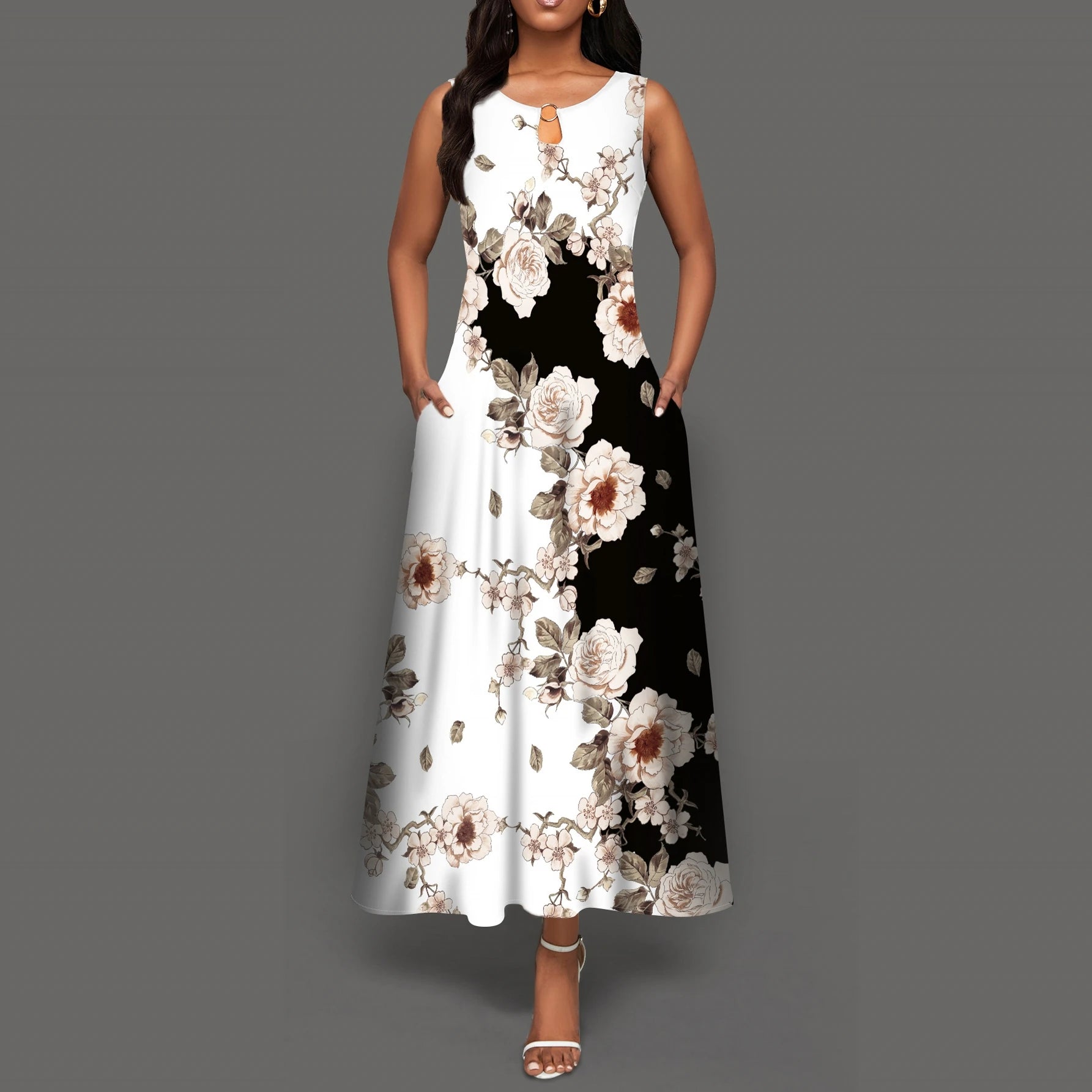 Women's V-neck Sleeveless Long Dress Retro Bohemian Dresses Floral Print Swing Casual New 