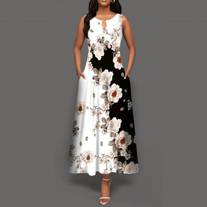 Vestido longo sem mangas com decote em v feminino, vestidos retrô boêmios, estampa floral, swing, casual, novo