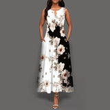 Women's V-neck Sleeveless Long Dress Retro Bohemian Dresses Floral Print Swing Casual New 