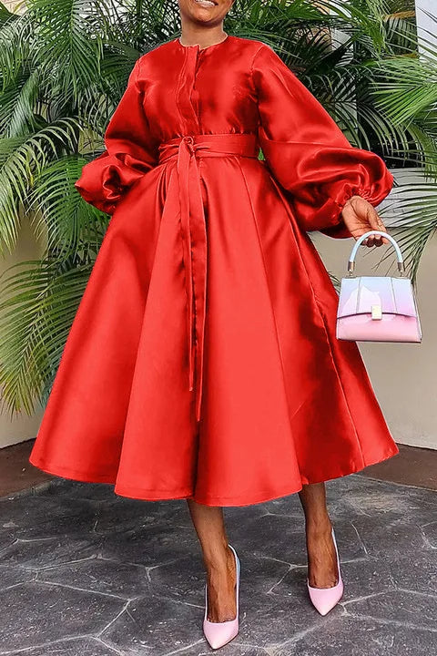 Women's Satin Lantern Sleeve Maxi Dress, Button Down Shirt, Elegant, Evening, Wedding, Long, Party, Monochrome 