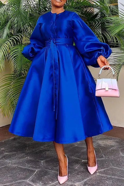 Women's Satin Lantern Sleeve Maxi Dress, Button Down Shirt, Elegant, Evening, Wedding, Long, Party, Monochrome 