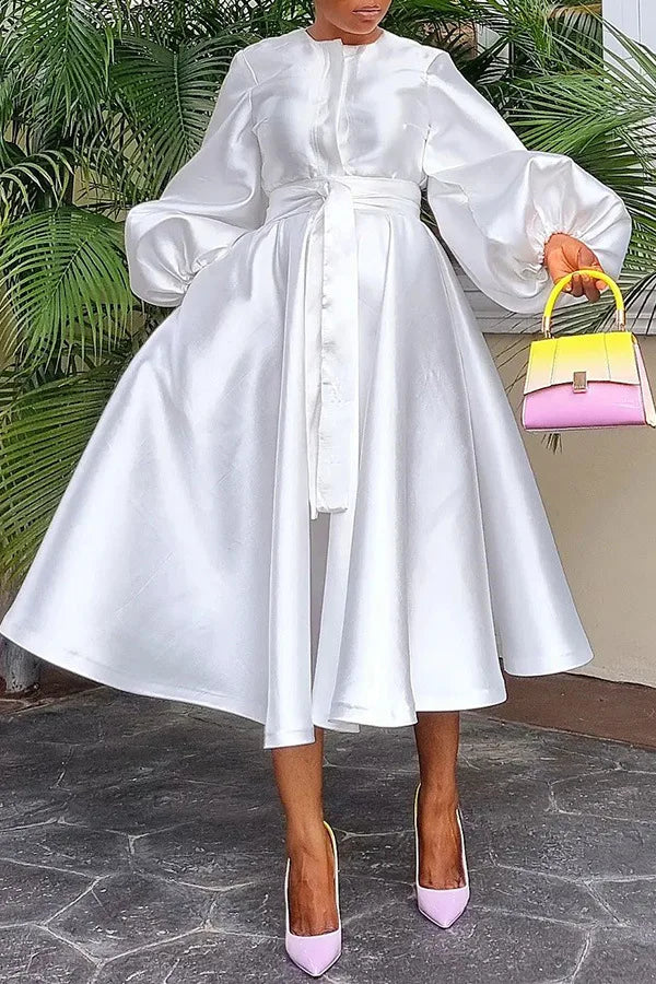 Women's Satin Lantern Sleeve Maxi Dress, Button Down Shirt, Elegant, Evening, Wedding, Long, Party, Monochrome 