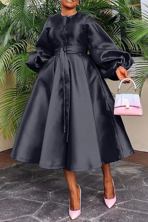 Women's Satin Lantern Sleeve Maxi Dress, Button Down Shirt, Elegant, Evening, Wedding, Long, Party, Monochrome 