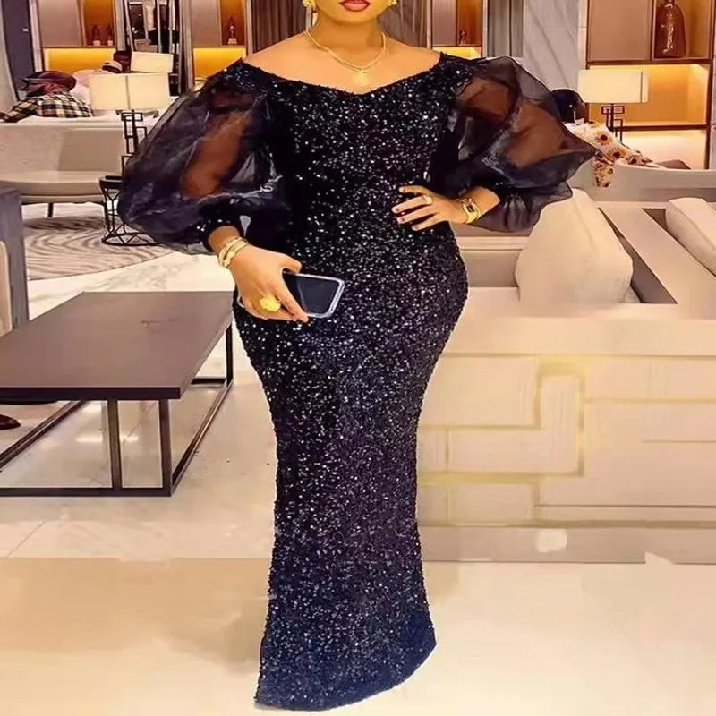 Long Puff Sleeve Sequin Maxi Dress, Slim Fit Pencil Dresses, Fashion Sexy, Chic, Plus Size, Elegant, Autumn, Winter 