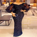 Long Puff Sleeve Sequin Maxi Dress, Slim Fit Pencil Dresses, Fashion Sexy, Chic, Plus Size, Elegant, Autumn, Winter 