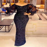 Long Puff Sleeve Sequin Maxi Dress, Slim Fit Pencil Dresses, Fashion Sexy, Chic, Plus Size, Elegant, Autumn, Winter 