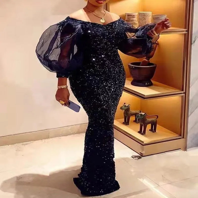 Long Puff Sleeve Sequin Maxi Dress, Slim Fit Pencil Dresses, Fashion Sexy, Chic, Plus Size, Elegant, Autumn, Winter 
