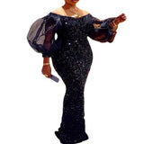 Long Puff Sleeve Sequin Maxi Dress, Slim Fit Pencil Dresses, Fashion Sexy, Chic, Plus Size, Elegant, Autumn, Winter 