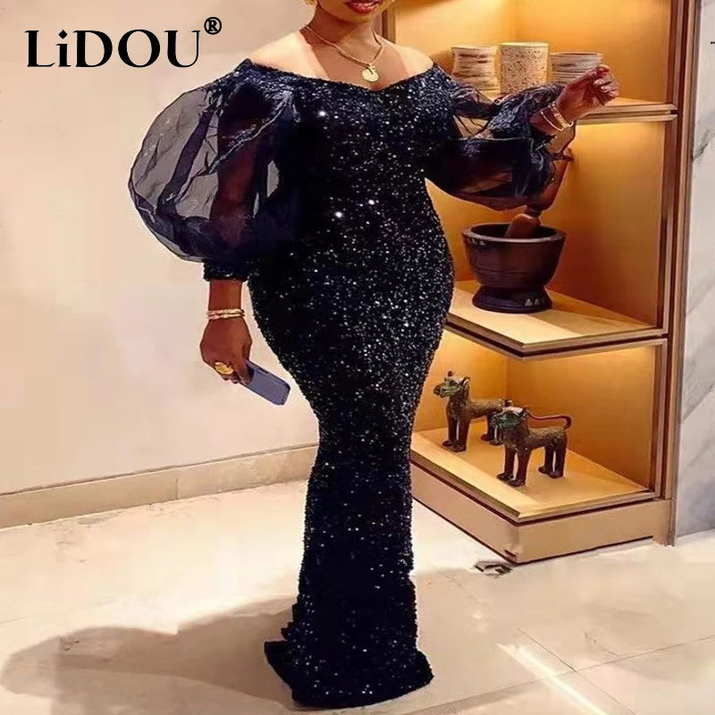 Long Puff Sleeve Sequin Maxi Dress, Slim Fit Pencil Dresses, Fashion Sexy, Chic, Plus Size, Elegant, Autumn, Winter 