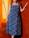 Vestido de tirantes con estampado floral para mujer, talla grande, informal, sin mangas, cuello redondo, poliéster, lavable a máquina, tela de malla no transparente 