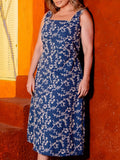 Vestido de tirantes con estampado floral para mujer, talla grande, informal, sin mangas, cuello redondo, poliéster, lavable a máquina, tela de malla no transparente 