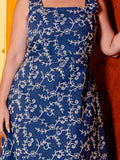 Vestido de tirantes con estampado floral para mujer, talla grande, informal, sin mangas, cuello redondo, poliéster, lavable a máquina, tela de malla no transparente 