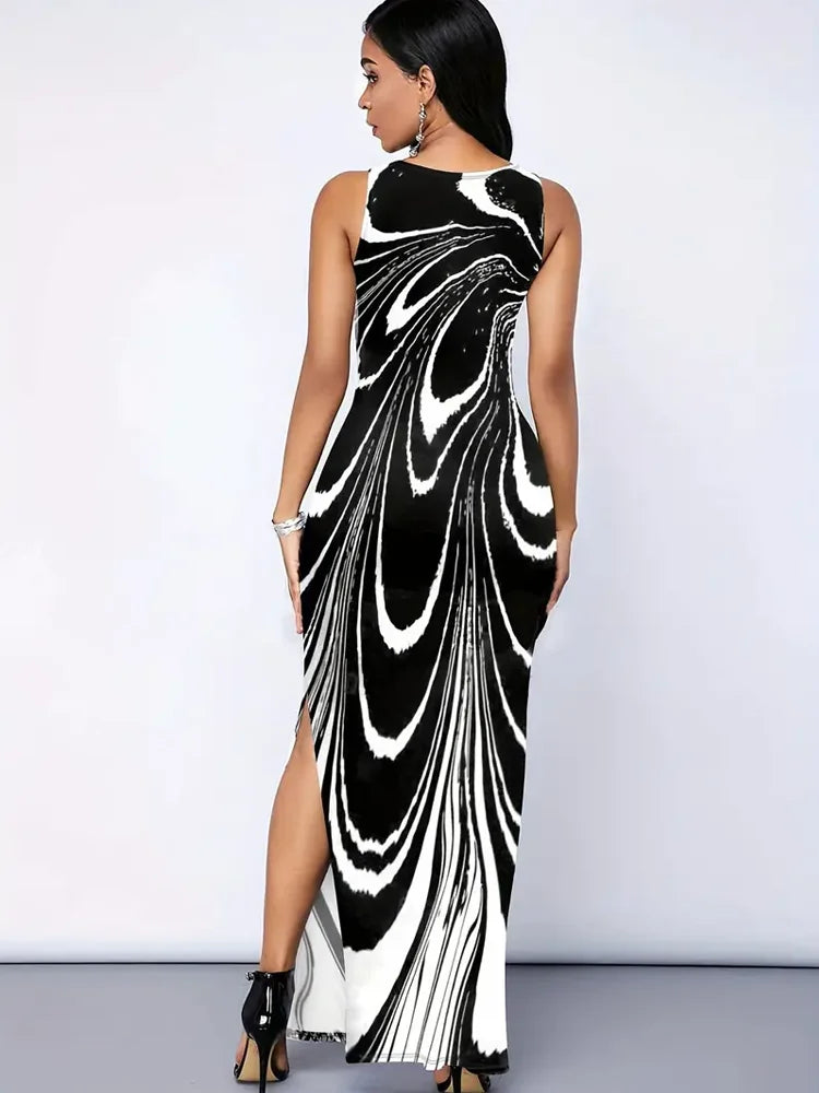 All Over Print Split Tank Dress, Elegant Sleeveless Bodycon Maxi Dress for Spring Summer, Women Clothing 