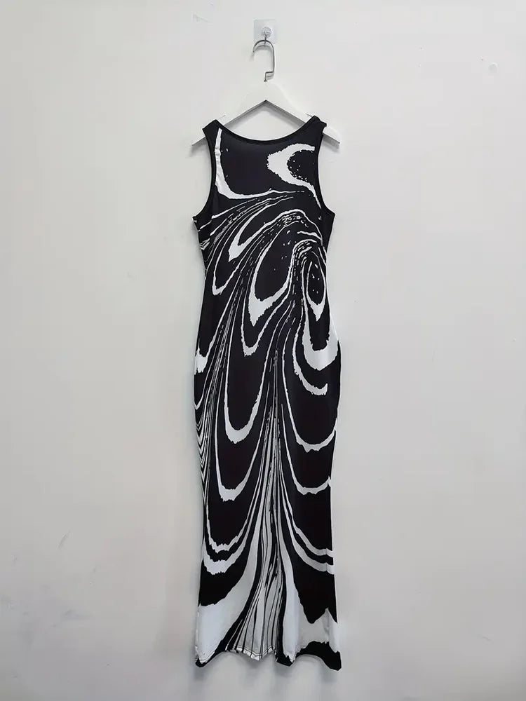 All Over Print Split Tank Dress, Elegant Sleeveless Bodycon Maxi Dress for Spring Summer, Women Clothing 