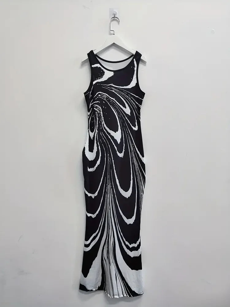 All Over Print Split Tank Dress, Elegant Sleeveless Bodycon Maxi Dress for Spring Summer, Women Clothing 