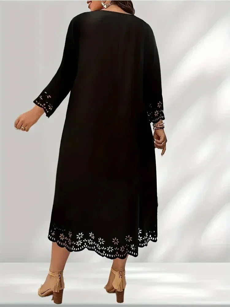 Vestido solto oco feminino, gola redonda, manga longa, monocromático, plus size, nova moda, 1XL-5XL