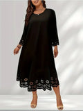 Vestido solto oco feminino, gola redonda, manga longa, monocromático, plus size, nova moda, 1XL-5XL