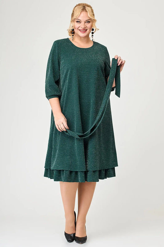 Vestido tamanho grande lantejoula com bainha plissada, manga 3/4, gola redonda, solto, vintage, casual, elegante, mãe da noiva, Midi, moda, 2024