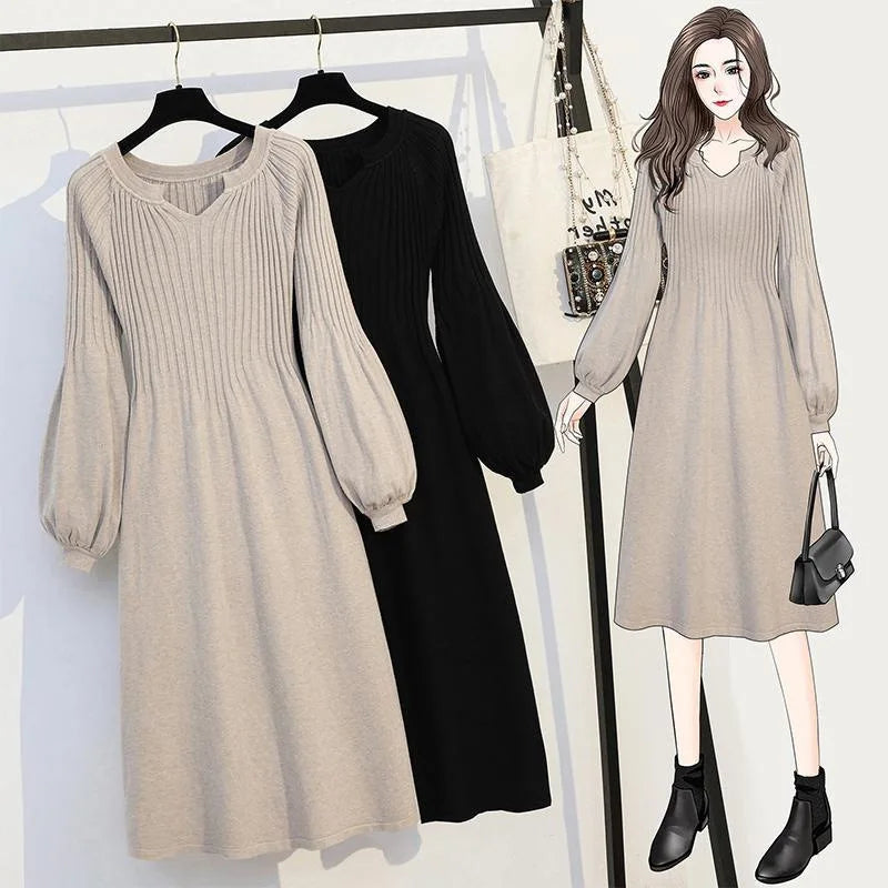 Vestido de talla grande para cubrir la barriga, largo medio a largo, suéter de punto, falda larga sencilla y versátil, otoño e invierno. 