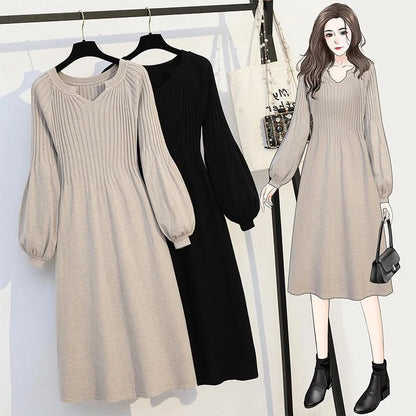 Vestido de talla grande para cubrir la barriga, largo medio a largo, suéter de punto, falda larga sencilla y versátil, otoño e invierno. 