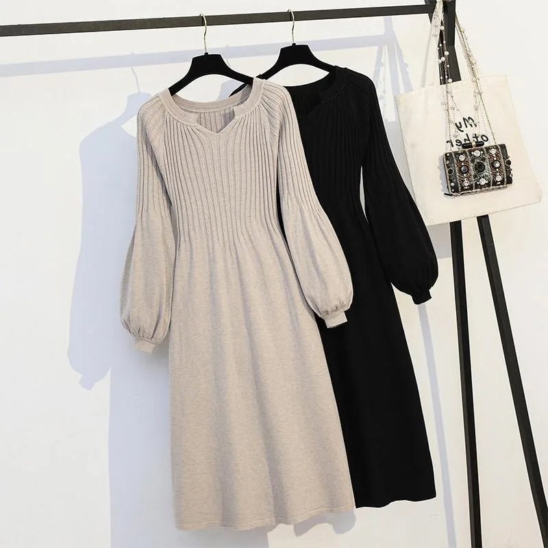 Vestido de talla grande para cubrir la barriga, largo medio a largo, suéter de punto, falda larga sencilla y versátil, otoño e invierno. 