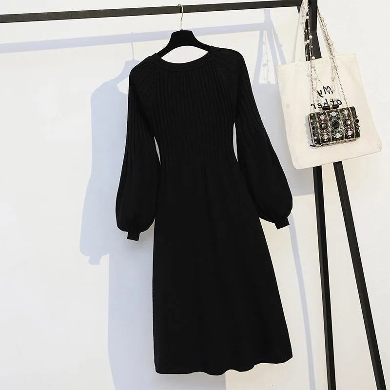 Vestido de talla grande para cubrir la barriga, largo medio a largo, suéter de punto, falda larga sencilla y versátil, otoño e invierno. 