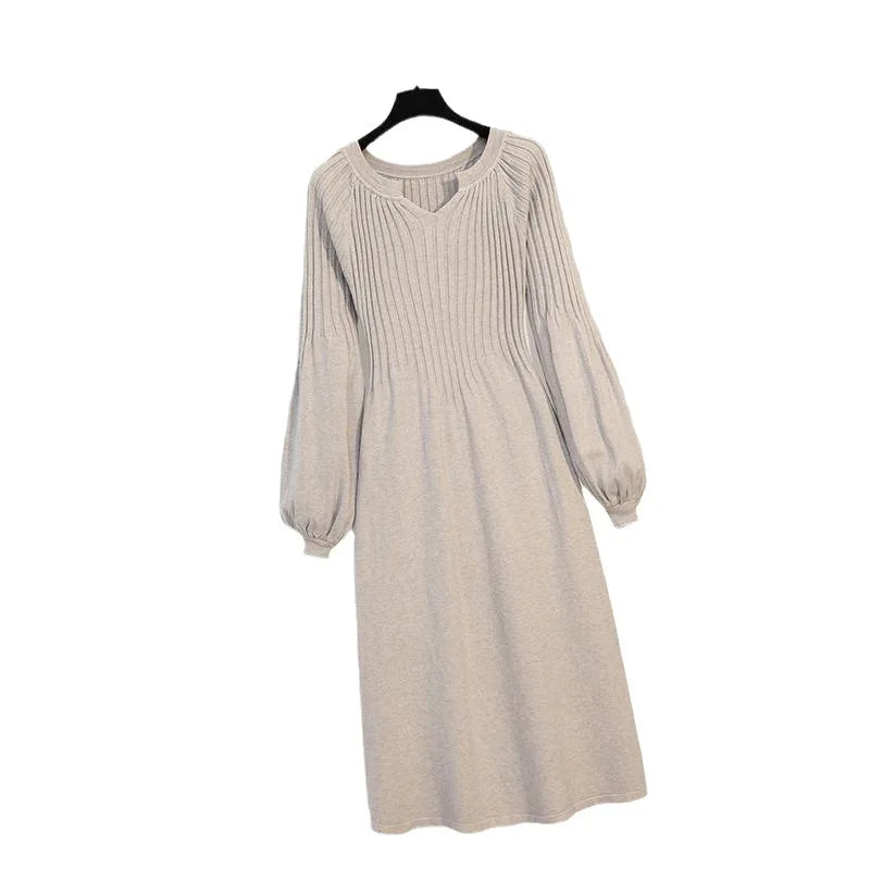Vestido de talla grande para cubrir la barriga, largo medio a largo, suéter de punto, falda larga sencilla y versátil, otoño e invierno. 