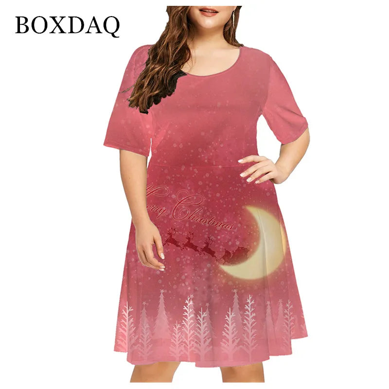 Vestido rojo holgado con estampado navideño para mujer, Navidad, muñeco de nieve, copo de nieve, alce, manga corta, talla grande, divertido, bonito, a la moda, 6XL 