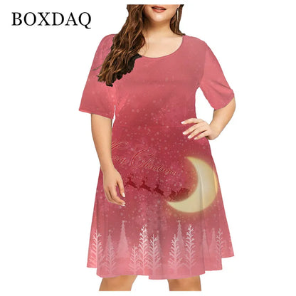 Vestido rojo holgado con estampado navideño para mujer, Navidad, muñeco de nieve, copo de nieve, alce, manga corta, talla grande, divertido, bonito, a la moda, 6XL 