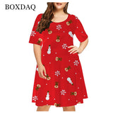 Vestido rojo holgado con estampado navideño para mujer, Navidad, muñeco de nieve, copo de nieve, alce, manga corta, talla grande, divertido, bonito, a la moda, 6XL 