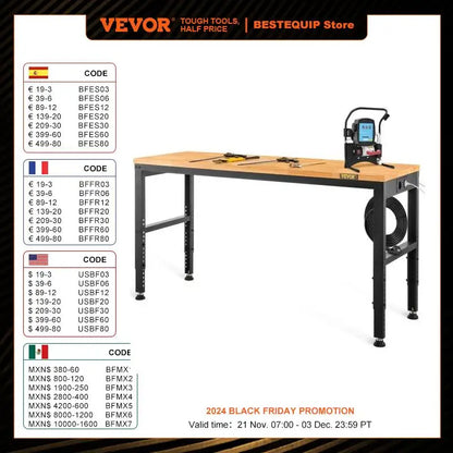 VEVOR Heavy Duty Workbench 72cm Adjustable Height Oak Wood Top Work Table 900kg Load Capacity for Office Home Workshop 