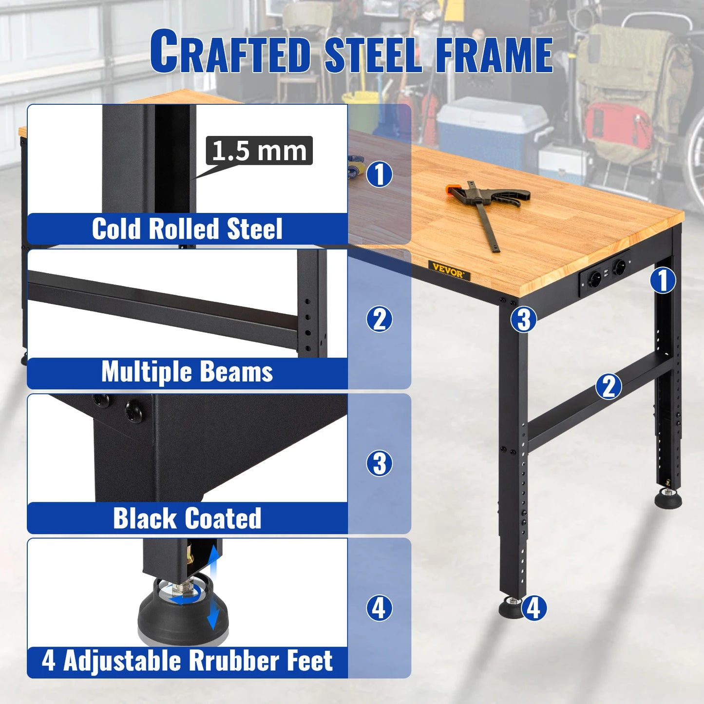 VEVOR Heavy Duty Workbench 72cm Adjustable Height Oak Wood Top Work Table 900kg Load Capacity for Office Home Workshop 