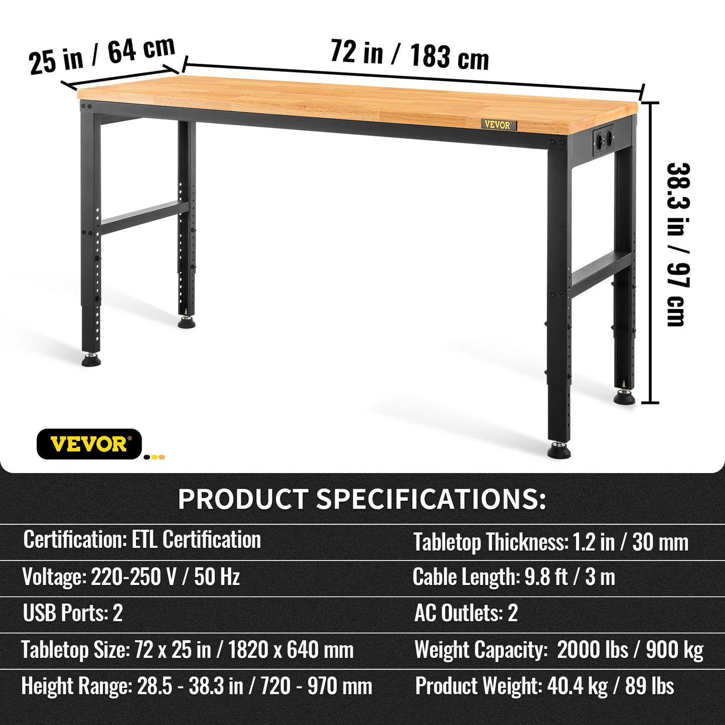 VEVOR Heavy Duty Workbench 72cm Adjustable Height Oak Wood Top Work Table 900kg Load Capacity for Office Home Workshop 