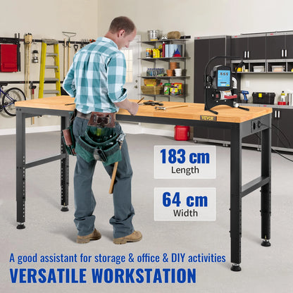 VEVOR Heavy Duty Workbench 72cm Adjustable Height Oak Wood Top Work Table 900kg Load Capacity for Office Home Workshop 