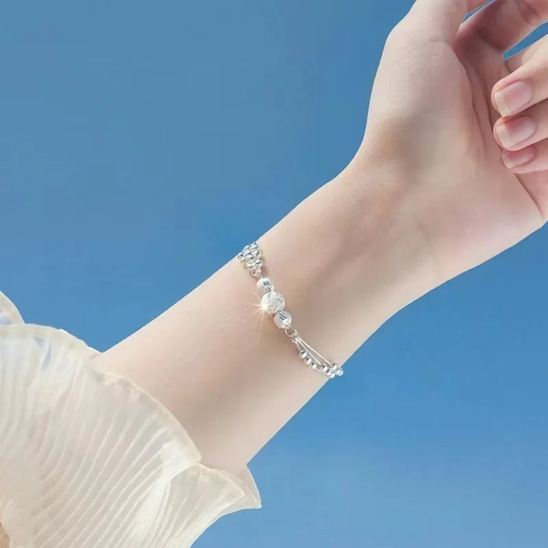 Vintage 925 Sterling Silver Bracelet for Women, Original Lucky Beads Ball, Adjustable Bracelets, Designer Jewelry, Luxury Gifts 