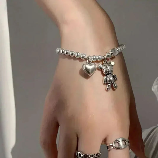 Vintage tailandês prata charme pulseiras para mulheres, urso, animal e amor coração, jóias na moda, presentes de aniversário, barato, nova chegada