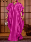 Vonda-Vestido Maxi Elegante Feminino, Manga Curta, Cetim de Babados, Vestido de Festa, Casual, Solto, Sólido, Tamanhos Grandes, Verão, 2024