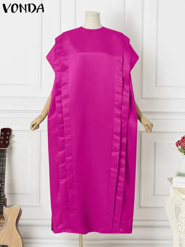 Vonda-Vestido Maxi Elegante Feminino, Manga Curta, Cetim de Babados, Vestido de Festa, Casual, Solto, Sólido, Tamanhos Grandes, Verão, 2024