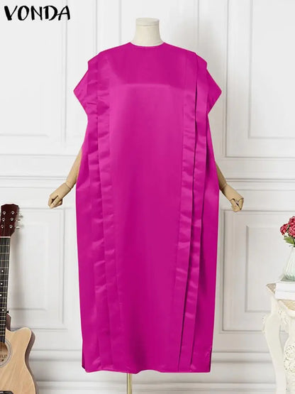 Vonda - Vestido largo elegante para mujer, manga corta, volantes de satén, vestido de fiesta, informal, holgado, liso, talla grande, verano 2024 