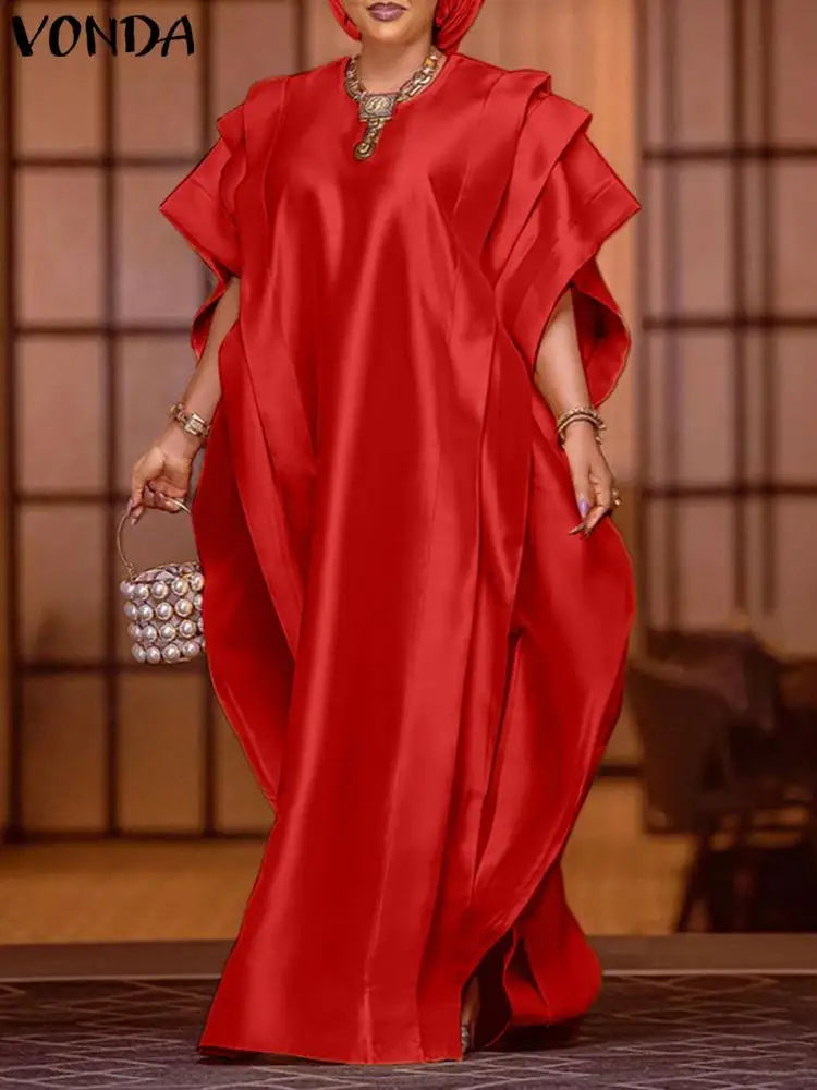 Vonda-Vestido Maxi Elegante Feminino, Manga Curta, Cetim de Babados, Vestido de Festa, Casual, Solto, Sólido, Tamanhos Grandes, Verão, 2024