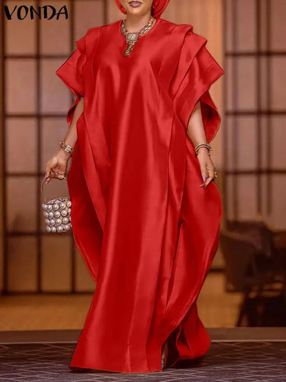 Vonda - Vestido largo elegante para mujer, manga corta, volantes de satén, vestido de fiesta, informal, holgado, liso, talla grande, verano 2024 