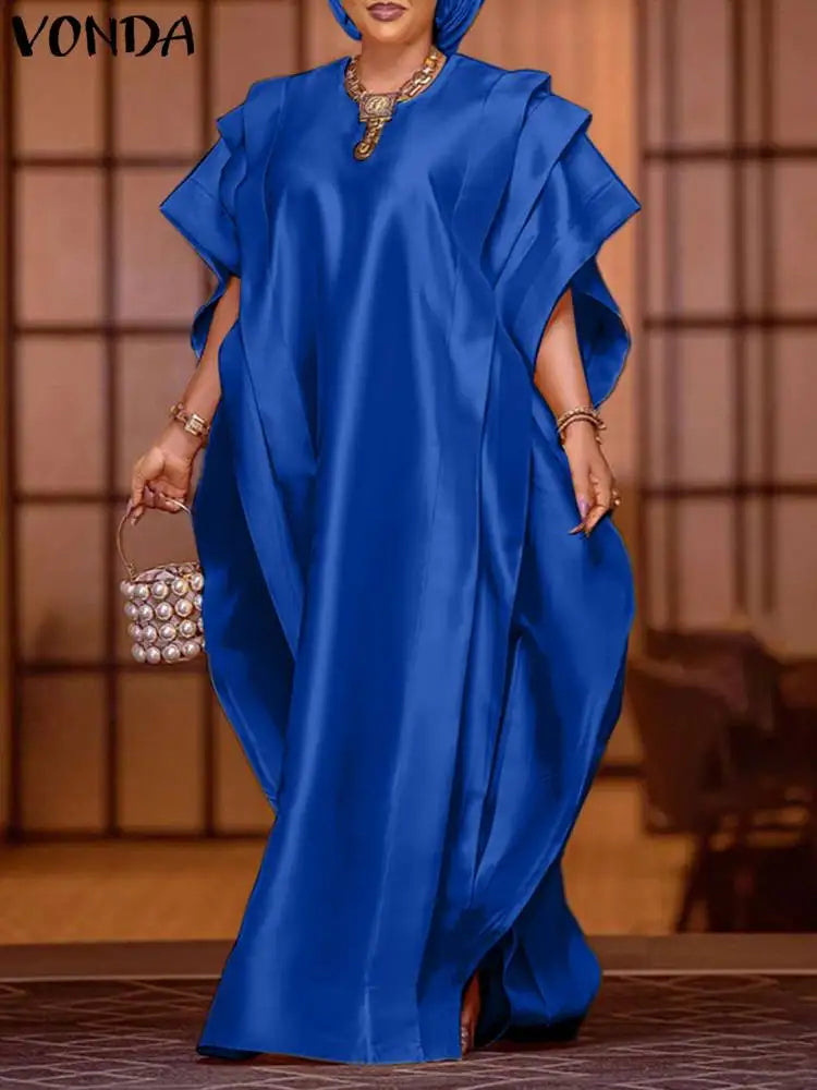 Vonda-Vestido Maxi Elegante Feminino, Manga Curta, Cetim de Babados, Vestido de Festa, Casual, Solto, Sólido, Tamanhos Grandes, Verão, 2024