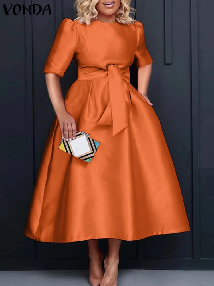 Vonda - Vestido midi de satén de manga corta con cinturón para mujer, informal, holgado, monocromático, largo, de verano, elegante, talla grande, 2024 