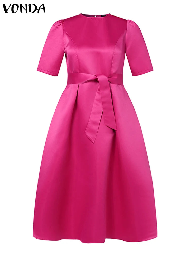 Vonda - Vestido midi de satén de manga corta con cinturón para mujer, informal, holgado, monocromático, largo, de verano, elegante, talla grande, 2024 