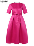 Vonda - Vestido midi de satén de manga corta con cinturón para mujer, informal, holgado, monocromático, largo, de verano, elegante, talla grande, 2024 
