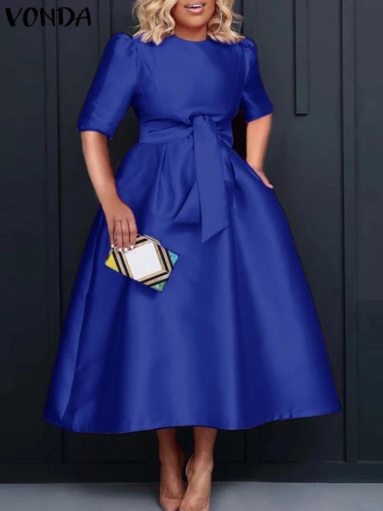 Vonda - Vestido midi de satén de manga corta con cinturón para mujer, informal, holgado, monocromático, largo, de verano, elegante, talla grande, 2024 