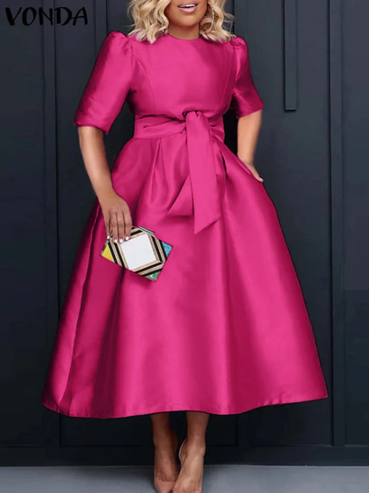 Vonda - Vestido midi de satén de manga corta con cinturón para mujer, informal, holgado, monocromático, largo, de verano, elegante, talla grande, 2024 