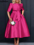 Vonda - Vestido midi de satén de manga corta con cinturón para mujer, informal, holgado, monocromático, largo, de verano, elegante, talla grande, 2024 