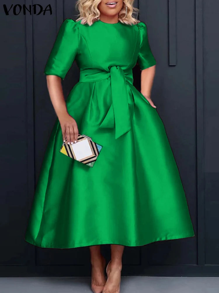 Vonda - Vestido midi de satén de manga corta con cinturón para mujer, informal, holgado, monocromático, largo, de verano, elegante, talla grande, 2024 
