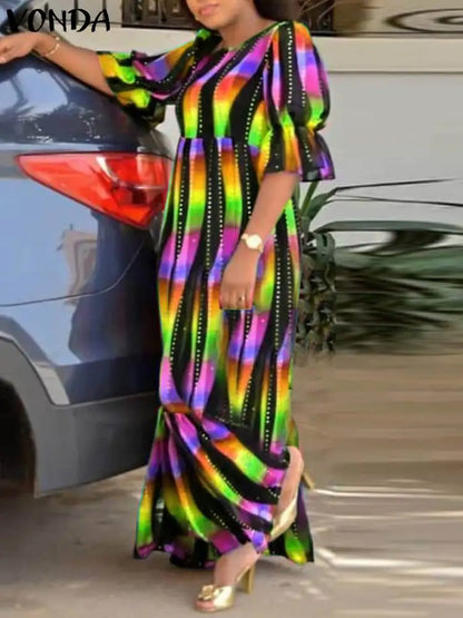 Vonda-Vestido maxi feminino boêmio de meia-sopro, túnico grande, longo, casual, vintage, estampado, tamanho grande, 5XL, verão, 2024